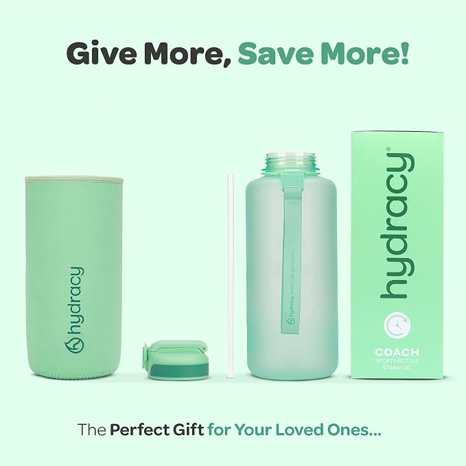 Hydracy 2L Large Water Bottle, Shatterproof, BPA Free Tritan Plastic, Leakproof, Zero Condensation, With Detachable Carry Strap, Spillproof Lid, Convenient Silicon Spout, Ideal for Gym, Yoga | Leakproof,BPA Free,No Sweat Neoprene Sleeve,Carry Strap,Dai...