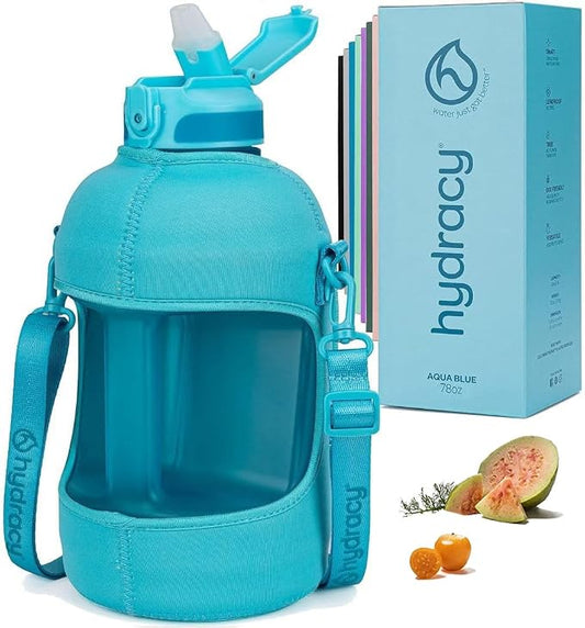 Hydracy Motivational Water Bottle with Time Marker and Straw Lid 78 oz | Leakproof,BPA Free,No Sweat Neoprene Sleeve,Carry Strap,Daily Intake Tracking for Fitness & Outdoors