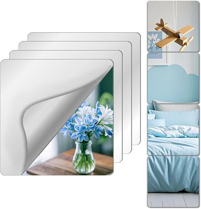 Unbreakable Mirror Tiles, 4PCS 12”x12” Peel And Stick on Mirror for Wall Mirrors Decorative, Toddlers for Kids Bedroom, Plastic Gym Frameless Door Small Adhesive Mirrors for Classroom Decor Stickers