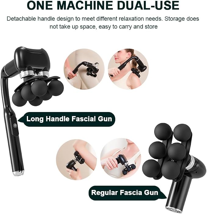 Massage Gun with Extension Handle, 2-in-1 Back Massager Gun | Handheld Foot Back Neck Shoulder Massager with 6 Adjustable Speeds & Modes for Gym & Home Use, Birthday Gifts for Men