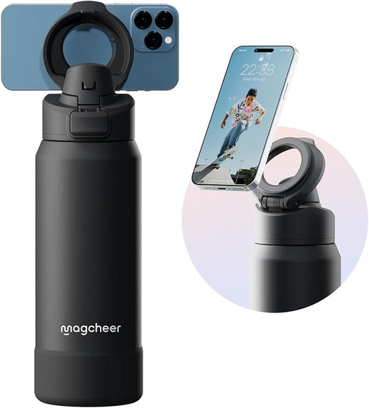 Insulated Magnetic Water Bottle - Reusable Stainless Steel Bottle with MagSafe Compatible Phone Holder - Keeps Cold for 24 Hours - Perfect for Gym, Sports, and Travel - Black 32oz