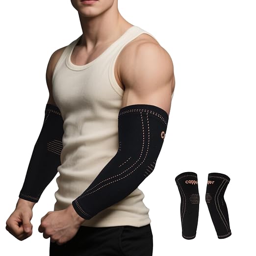 Copper Arm Sleeve | Elbow Brace for Tennis Elbow & Tendonitis | Copper Elbow Compression Sleeve for Men & Women | Sports Support & Recovery (Black, X-Large)