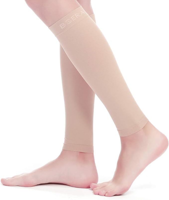 BSERA Calf Compression Sleeve Women, 2 Pairs 15-20mmHg Calf Support Footless Compression Socks Stockings for Shin Splints, Varicose Veins, Recovery (Nude/Skin, Small)