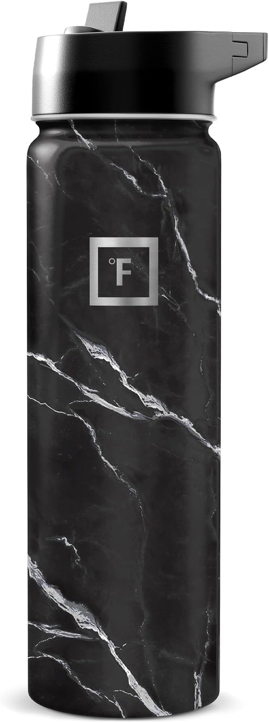 IRON °FLASK 24 oz Wide Mouth Water Bottle with Straw | Insulated Stainless Steel Sports Water Bottle with Leakproof Straw Lid - BPA Free, Cold 24 Hrs, Sweat Free (Black Marquina)