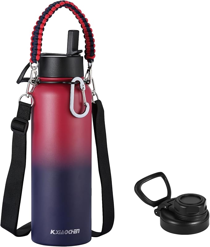 KXIAOCHEN Insulated Water Bottle with Strap, 48-Hour Cold, 2 Lids | Triple-wall insulation, lead-free 18/8 Stainless steel, paracord handle, carabiner clip, for gym, hiking, camping and travel