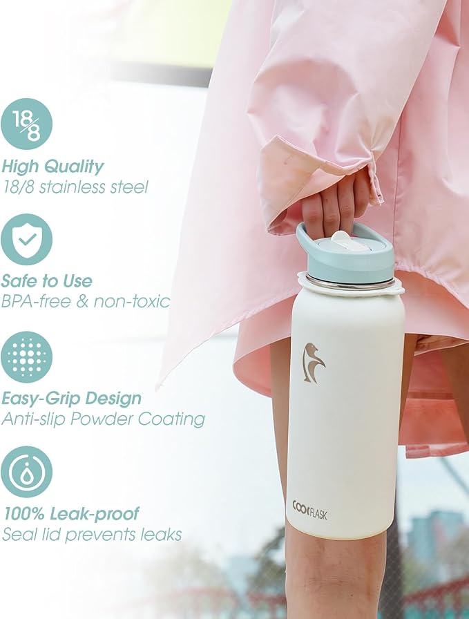 Coolflask 32 oz Water Bottle Insulated Stainless Steel with Strap | Metal Water Flask with Straw & Spout Lids, Triple-Wall, Cold 48+h, Dishwasher Safe, Leakproof, BPA-Free, for Gym & Hiking