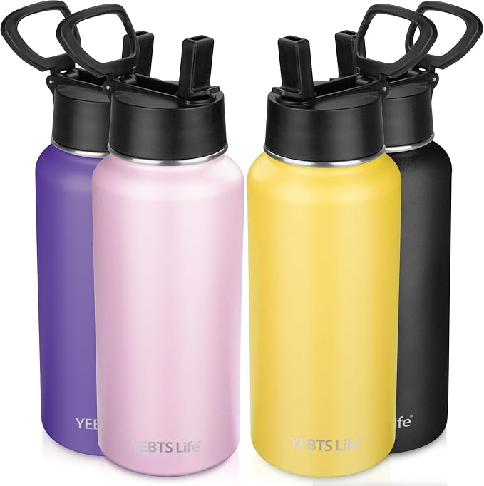 Insulated Water Bottle With Straw,32 oz Vacuum Insulated Stainless Steel Sports Water Flask,Keeps Cold and Hot,Metal Water Bottle Wide Mouth for Gym Travel Camping (Purple/Pink/Yellow/Black)
