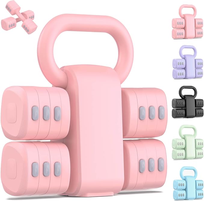 2-in-1 Adjustable Dumbbell Set, 4-Level Weights for Women | Convertible Dumbbell & Kettlebell, Adjustable 2.2-5.5lb Each, Quick-Change Button, Compact for Home Gym, Office & Outdoor