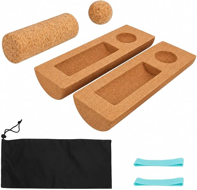 Cork Balance Board, 4-in-1 Foot Massage & Balance Trainer Set with Foot Roller, Massage Ball and Toe Resistance Bands, Foot and Ankle Strengthener Kit for Runners, Yoga and Mobility