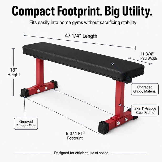 REP Fitness Flat Weight Bench, Heavy Duty Workout Bench For Home Gym, Folding Fitness Equipment For Strength Training, Adjustable Utility Platform For Dumbbells, Barbell, Lifting And Core Exercises