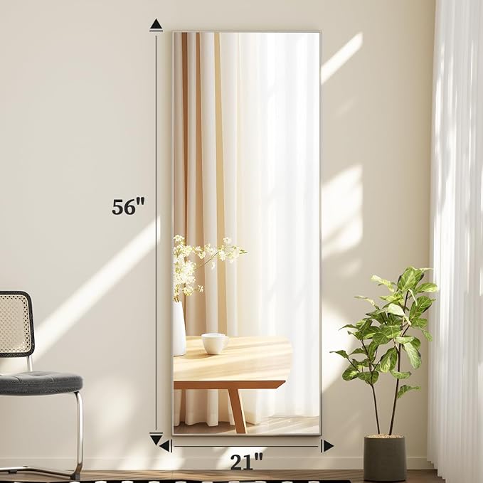 BEAUTYPEAK Full Length Mirror with Stand, 56"x21" Floor Mirror, Silver | ShatterVue Tempered Full Body Mirrors with Aluminum Alloy Thin Frame, Standing or Wall-Mounted Mirrors for Living Room