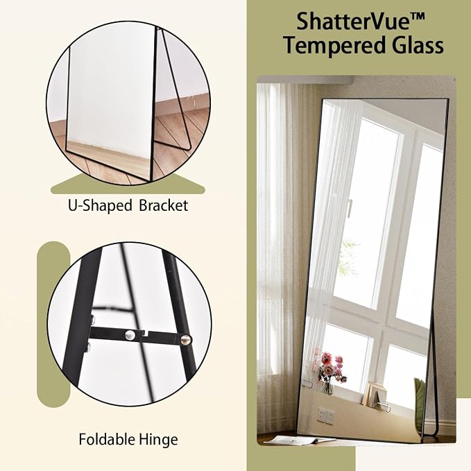 BEAUTYPEAK Full Length Mirror, 71"x26" Standing Hanging or Leaning Against Wall Floor Mirrors Body Dressing Wall-Mounted for Living Room, Bedroom with Aluminum Alloy Thin Frame, Black | Standing Hanging or Leaning Against Wall Body Dressing Wall-Mounte...