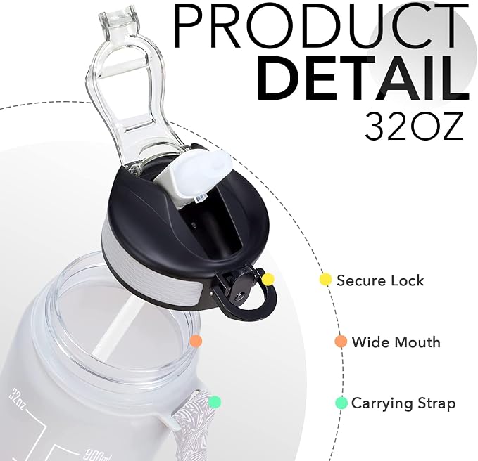 Hyeta Water Bottle with Straw & Time Marker, Plastic 32oz Leakproof | Motivational Tritan BPA Free Gym Office Outdoor Intake Tracker Hourly Reminder Straw Lid Carry Strap
