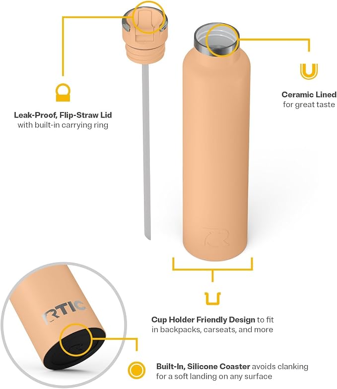 RTIC 26oz Journey Water Bottle Ceramic Lined Metal Stainless Steel Vacuum Insulated, BPA Free, Reusable, for Water, Hot and Cold Drinks, Travel, Sports, Camping, Peach Tea