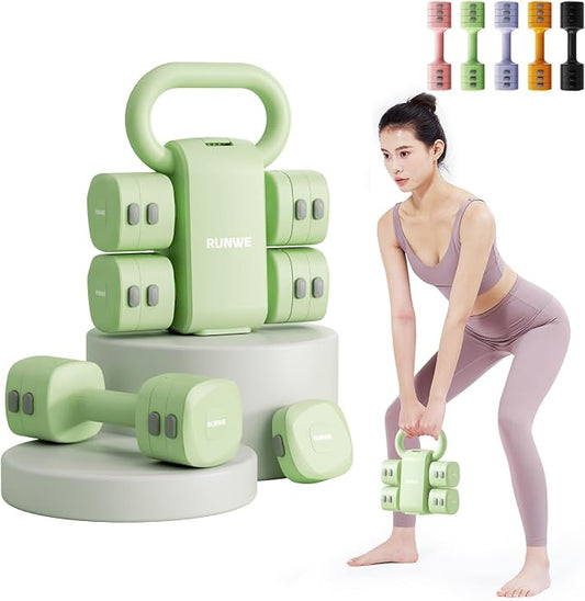 Lightweight Adjustable Dumbbell Kettlebell Set - 4 in 1 Free Weight Set with Kettlebell Grip Converter, Each 2.2 3.3 4.4 5.5lb Quick Change Weight Women Dumbbell Set for Small Spaces Home Gym