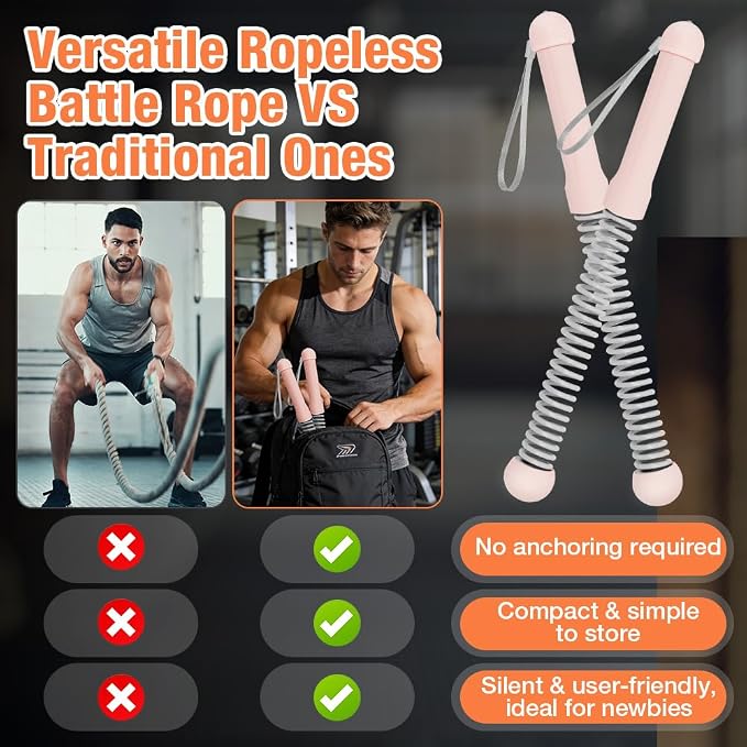 2PCS Ropeless Battle Ropes, Weighted Cordless Battle Ropes for Home Gym, Portable Silent Workout Rope Fitness Equipment for Full Body Toning, Low-Impact Workout, Strength & HIIT, Pink