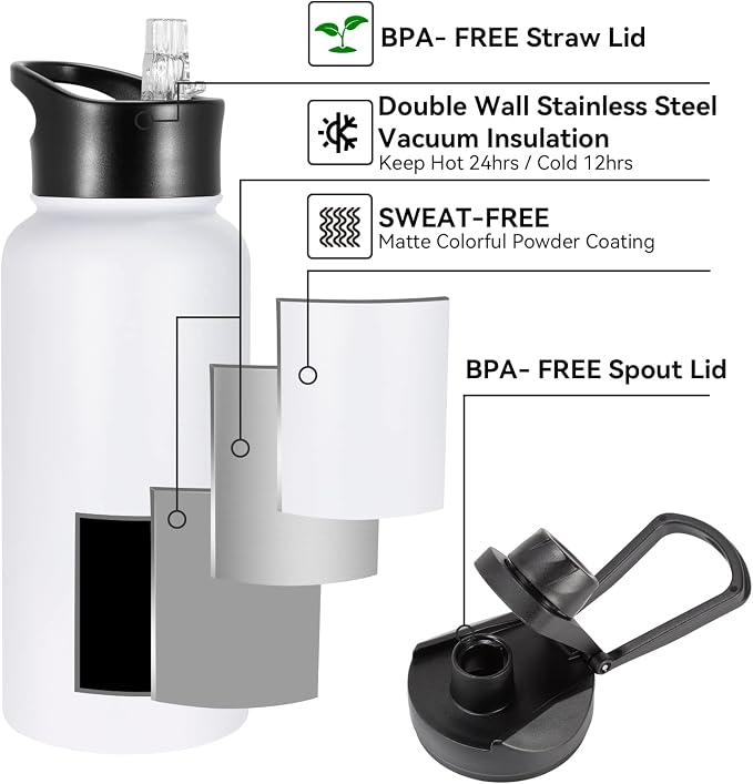 32 oz Insulated Water Bottle with Straw Lid & Wide Mouth Lids, Stainless Steel Sports Water Bottles, Double Walled Vacuum, Leak Proof, White