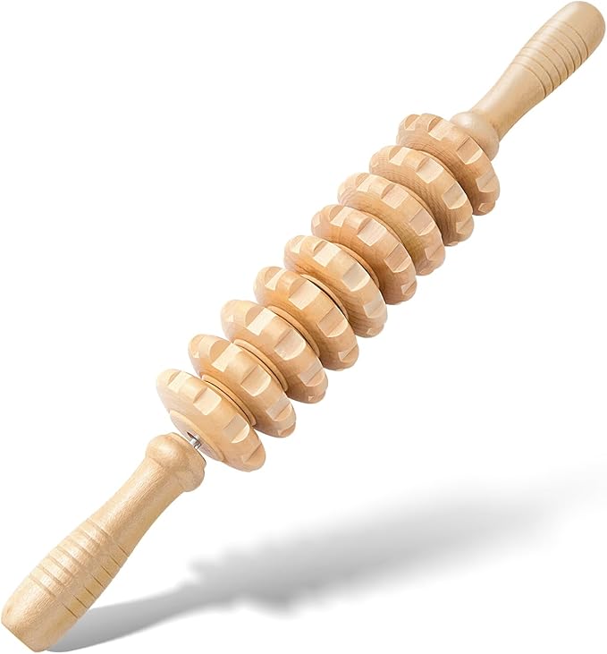 Wooden Cellulite Muscle Roller for Legs and Thighs - Handheld Fascia Blaster Tool for Muscle Relief, Lymphatic Drainage & Body Sculpting - Anti Cellulite Massager for Women and Men (9 Wheel)