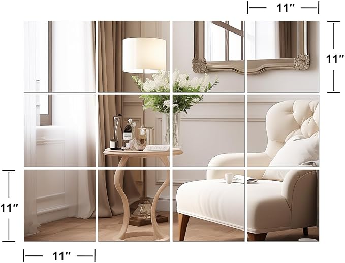 Vlush Home Gym Mirror Tiles 11'' x 11'' x 12PCS Adhesive Full Body & Full Length Mirror Wall Mounted Mirrors Decorative for Home Gym, Door, Bedroom & Bathroom