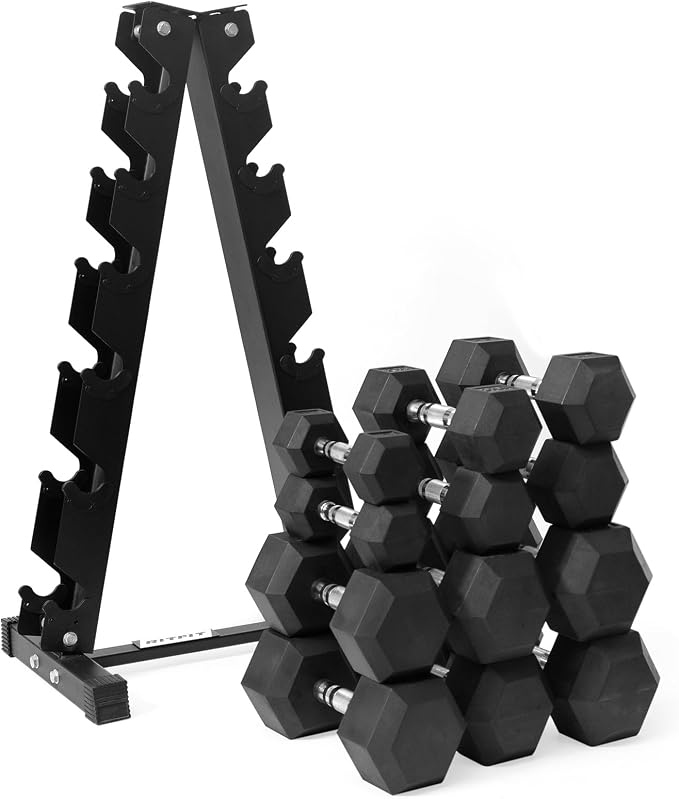 RitFit Rubber Coated Hex Dumbbell Weights Set for Home Gym | Cast Iron Core, Anti-Slip Knurled Chrome Handle, Hexagon Anti-Roll, Heavy-Duty Dumbbell Set for Strength Training