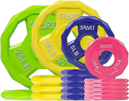 SPART Color Coded Weight Plate 2-Inch Cast Iron Tri-Grip Plate for Barbell,Solid Cast Iron Olympic Weight Plates for Strength Training, Weightlifting, Crossfit, 2.5/5/10/15/25/35/45LB, Single/Pair/Set