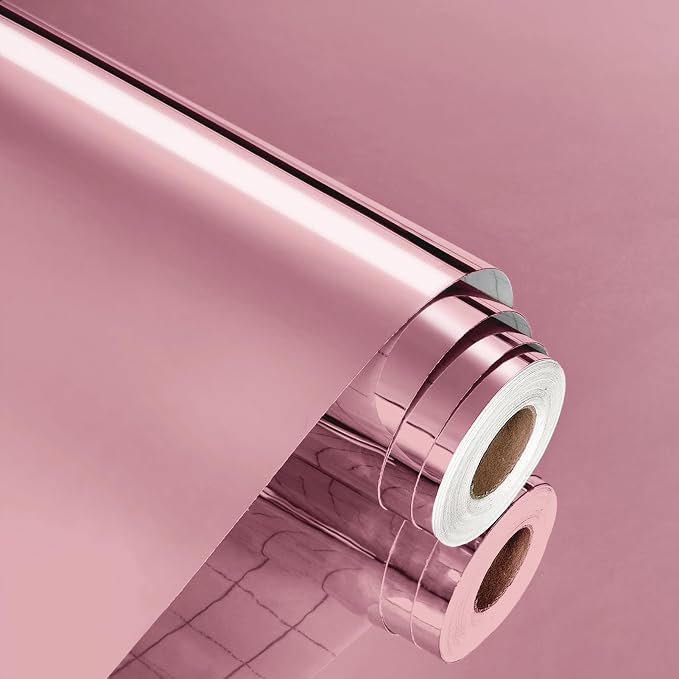 WESTICK Rose Gold Vinyl Self Adhesive Pink Chrome Permanent Vinyl 15.8” X 394” Flexible Mirror Contact Paper Easy to Cut Mirror Wallpaper Peel and Stick Wall Stickers for Cabinets DIY Crafts Decal