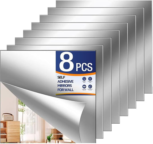 8Pcs 16x16 Inch Self-Adhesive Mirror Panels, Shatterproof Flexible Acrylic Mirror Sheets, Peel & Stick Wall Mirror Tiles for Bedroom, Home Gym, DIY Decor