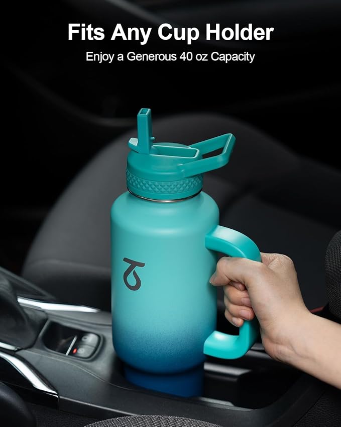 Trebo Insulated Water Bottle 40 oz Fits in Car Cup Holder with Side Handle | Stainless Steel Metal Tumbler with Straw Spout Lids, Triple-Wall Vacuum Copper Plated, Cold 48 Hrs Hot 24 Hrs for Travel, Gym