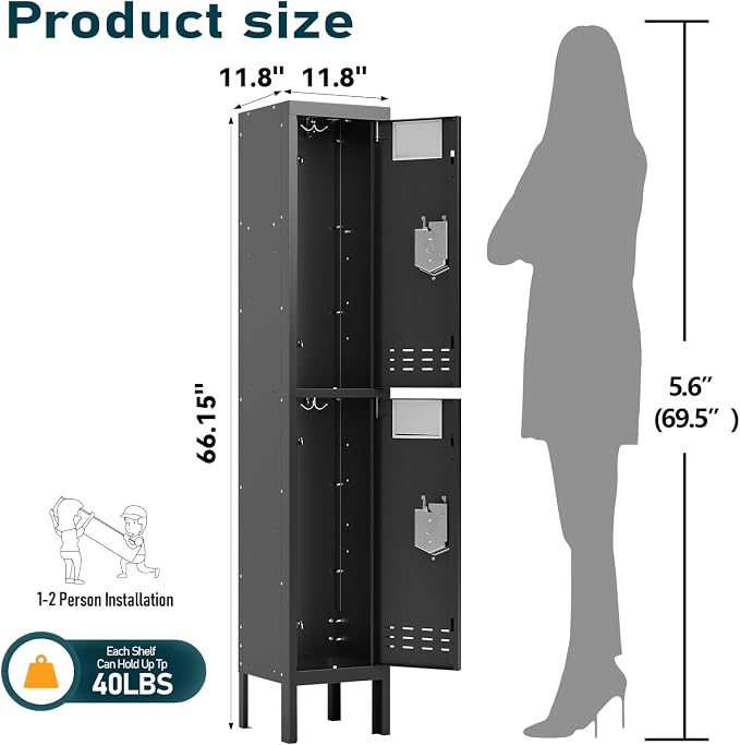 BUTISOW Metal Storage Locker with Lock & Card Slot Locker - Secure Lockable Door - Steel Locker for School, Office, Gym, Home - 66.15" H x 11.8" W x 11.8" D（2 Door, Black）