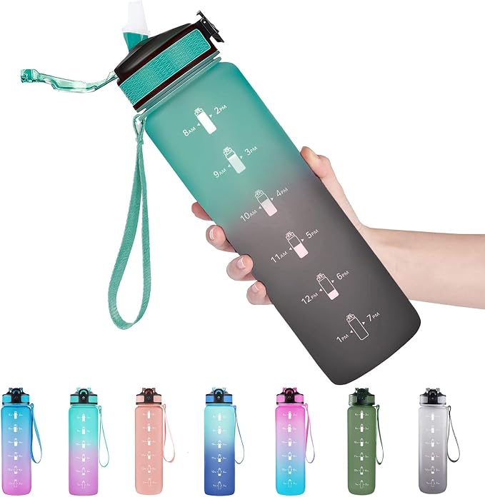 EYQ 32oz Water Bottle with Straw, Time Marker, Blue Purple | Blue Purple Tritan, BPA Free, Time Marker, Leakproof Lock Lid, Wide Mouth, for Gym, School, Office and Travel