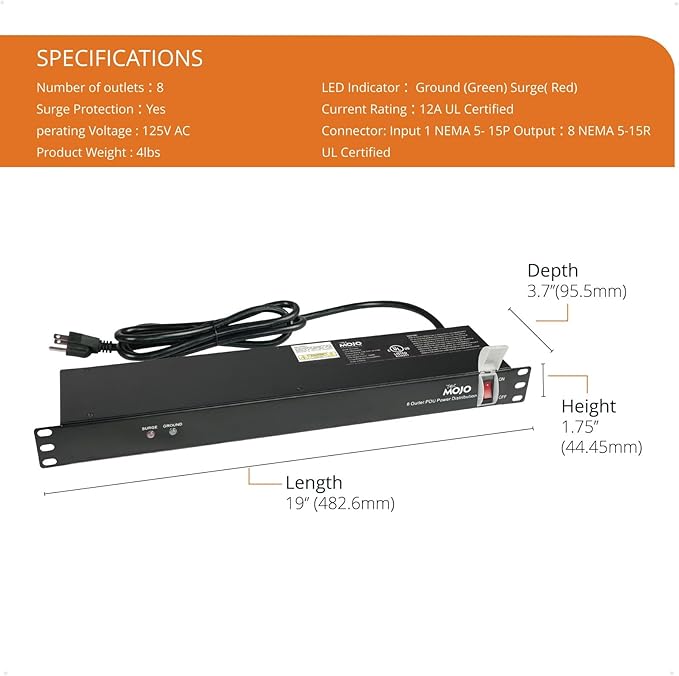 Tecmojo 1U Rack-Mount Horizontal 8-Outlet PDU, UL Listed PDU with Surge Protection 6ft Cord Power Distribution for IT and Network Server Racks