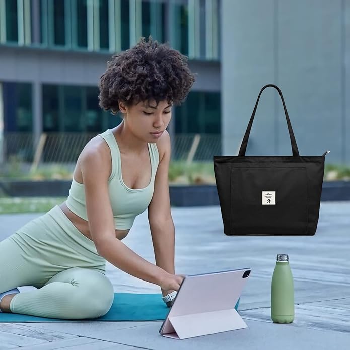 WLLWOO Yoga Mat Carrier Bag for Women Canvas Carryall Tote Gym Pilates | Large Holder Zipper Shoulder for Beach Travel Workout Fitness Office