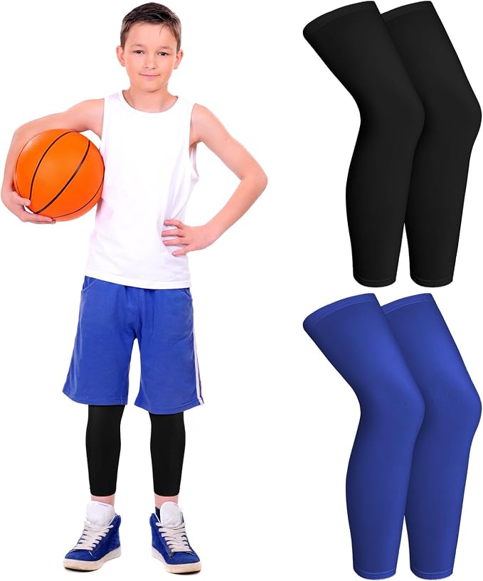 Geyoga 2 Pairs Kids Long Compression Leg Sleeves Long Knee Sleeves UV Protection for Boy Girl Youth Basketball Running Sport