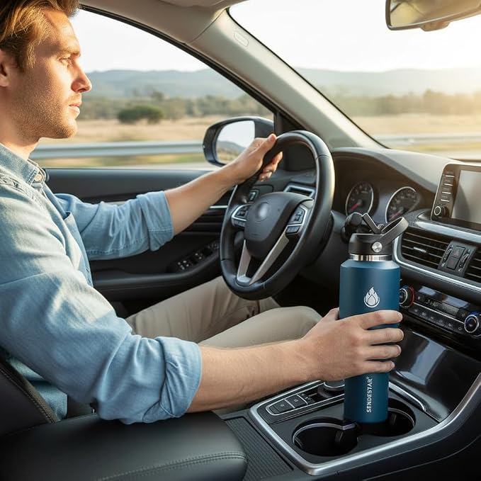 SENDESTAR 40oz Stainless Steel Water Bottle(Cold for 48 Hrs, Hot for 24 Hrs),Double Wall Vacuum Insulated Bottle with Straw Lid, Spout Lid and Flex Cap, Fit in Any Car Cup Holder，Navy