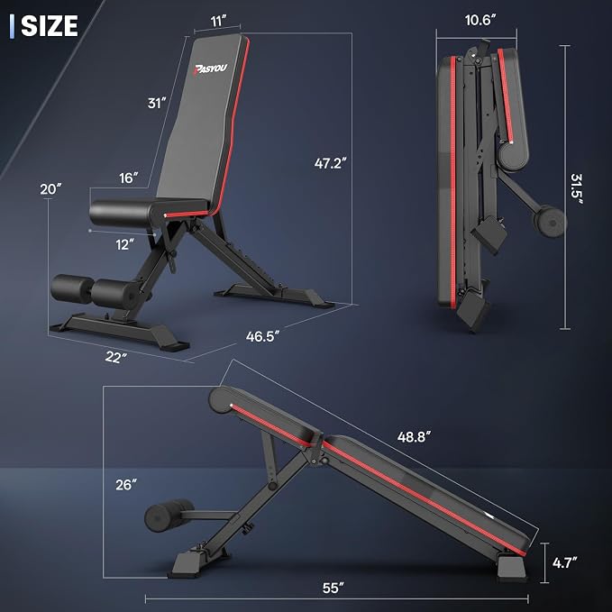 PASYOU Adjustable Weight Bench, 660LB Capacity Foldable Workout Bench, Incline Flat Bench Press for Home Gym, Dual-Frame Strength Training Bench, No Assembly Required, Wider Seat