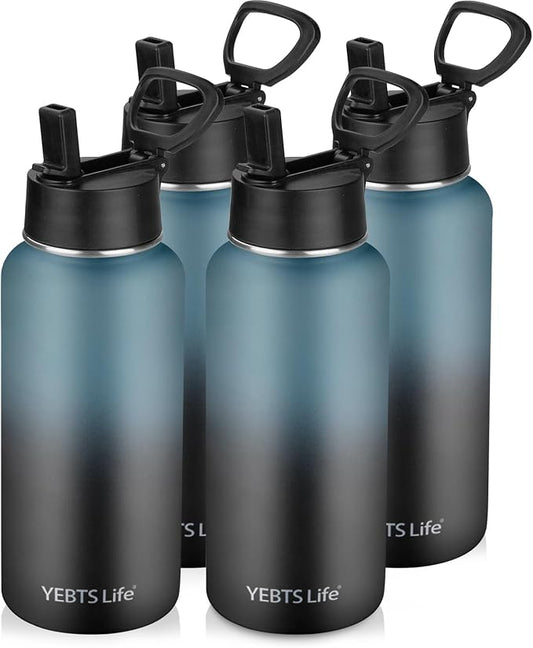 Insulated Water Bottle With Straw,32 oz Vacuum Insulated Stainless Steel Sports Water Flask,Keeps Cold and Hot,Metal Water Bottle Wide Mouth for Gym Travel Camping (Blue & Black)