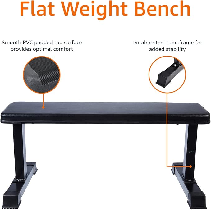 Amazon Basics Sturdy Flat Weight Bench for Home Gym, Strength Training, Stable Assembly, Black