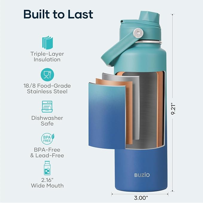 BUZIO 24 oz Insulated Water Bottle, Stainless Steel Wide Mouth Water Flask with Straw Lid, Cold for 48 Hrs Leak Proof Metal Hydro Thermo Canteen Mug, Gradient Cyan