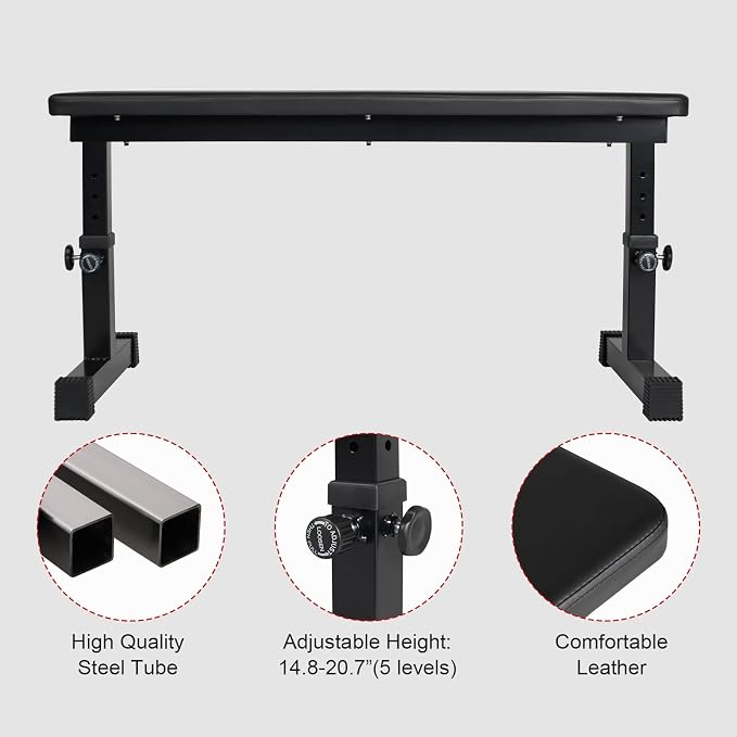 Flat Weight Bench, Utility Workout Adjustable Height Weight Bench Press with Thick Cushion & Anti-slip Foot Pads, Compact Strength Training for Exercise & Fitness, Home/Gym Easy Assembly