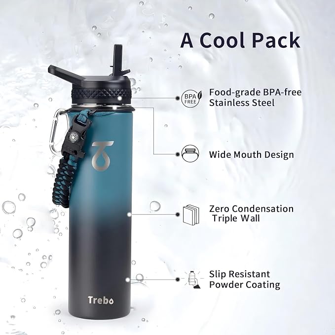 Trebo Insulated Water Bottle 24 oz with 3 Lids, Paracord Handle | Stainless Steel Metal Flask Vacuum, Triple Wall Copper Plated, Dishwasher Safe, Cold 48Hrs for Hiking, Fits in Car Holder