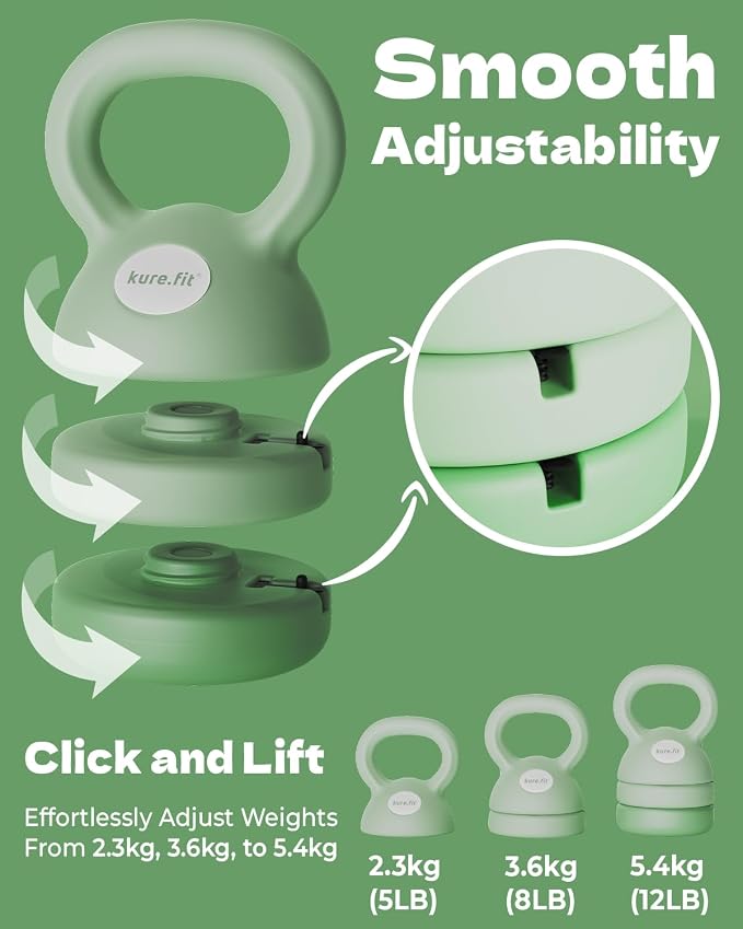 Adjustable Kettlebell | 5 lb - 12 lb | Kettlebell Weights Set for Home Gym | Full-Body Workouts, Strength Training, Weight Loss | Fabric Booty Band | Beginners & Women