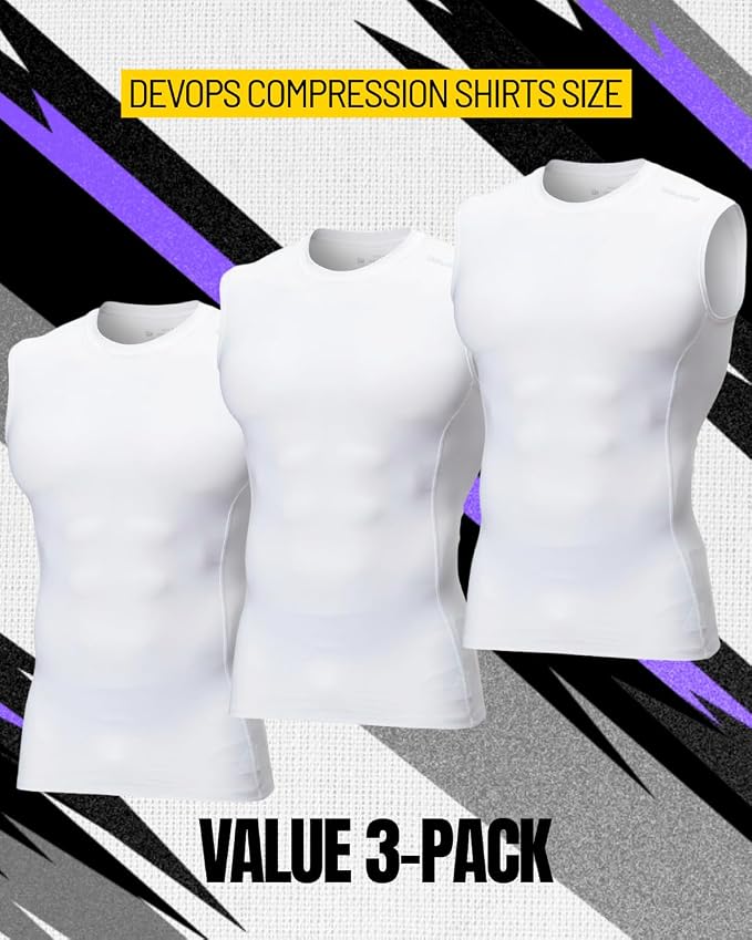 DEVOPS 3 Pack Men's Compression Shirts Sleeveless Tank Top Baselayer | Gym Training, Running, Moisture Wicking, Compression Fit, 4-Way Stretch, UPF 50+, Sleeveless