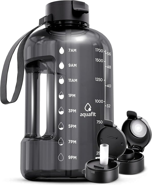AQUAFIT Half Gallon Water Bottle with Time Marker | BPA Free Half Gallon Water Bottle with Straw and Chug Lids - Leakproof Gym Water Bottle with Carry Handle (Gray)