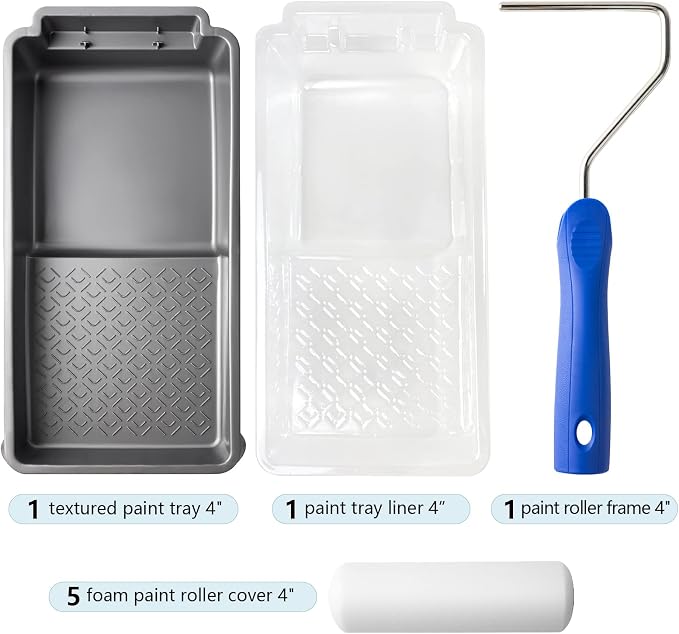 Mister Rui 4 Inch Foam Paint Roller Kit, 8 Pack - Mini Roller Set with 4” Small Roller Covers, Frame, Tray & Liner for Smooth Painting on Walls, Trim, Furniture, Home DIY Projects | High-Density Foam Covers for Smooth Finish. Ideal for Cabinets, Doors,...