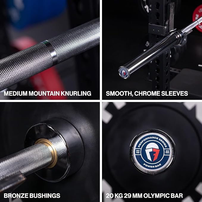 Titan Fitness Performance Series 20 KG Power Bar, 1500 LB Capacity, 29mm Shaft, Chrome Finish, Bronze Bushings and Precision Medium Mountain Knurling, Olympic Strength Training Barbell