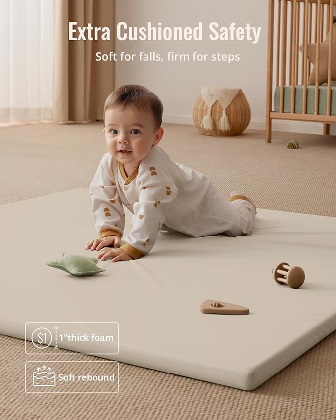 Blissful Diary Vegan Leather Baby Play Mat, 50''x50'', Beige | thick cushion, safe and soft fabric, waterproof and wip clean, indoor use, non-slip bottom, stylish mordern decor