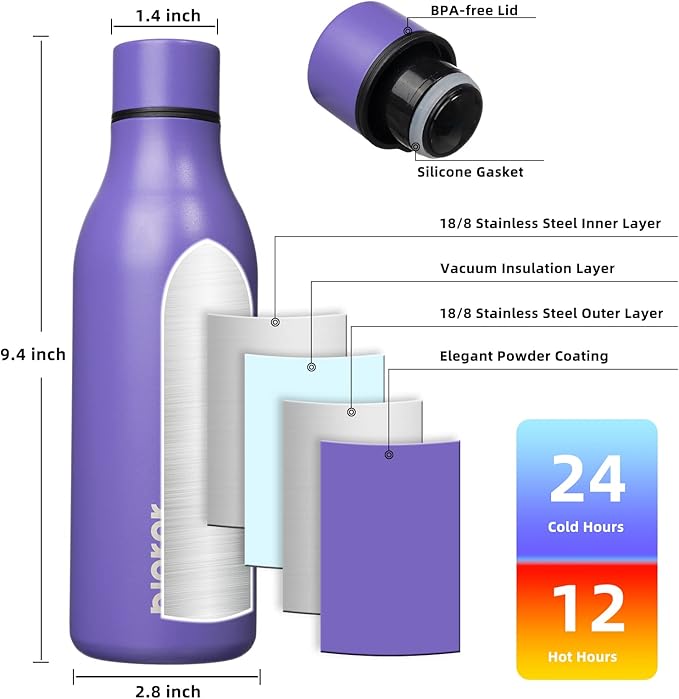 BJPKPK 18oz Insulated Water Bottle, Stainless Steel Bottle with Carry Strap | Keep Cold & Hot Vacuum Insulation, Leak-Proof BPA-Free Design, Slim Bottle Fits Most Cup Holders for Gym, Office & Travel