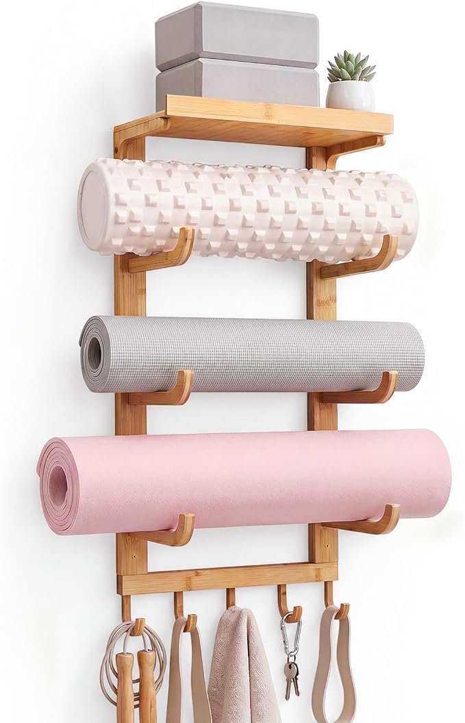 Geelin 4 Tier Wooden Yoga Mat Holder Wall Mount, Yoga Mat Storage Rack, Home Gym Equipment Organizer, Floating Shelf & 5 Hooks for Hanging Foam Roller/Band/Workout Equipment at Pilates Fitness Class