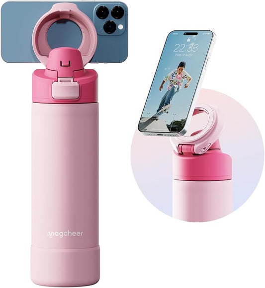 Insulated Magnetic Water Bottle - Reusable Stainless Steel Bottle with MagSafe Compatible Phone Holder - Keeps Cold for 24 Hours - Perfect for Gym, Sports, and Travel - Pink 24oz