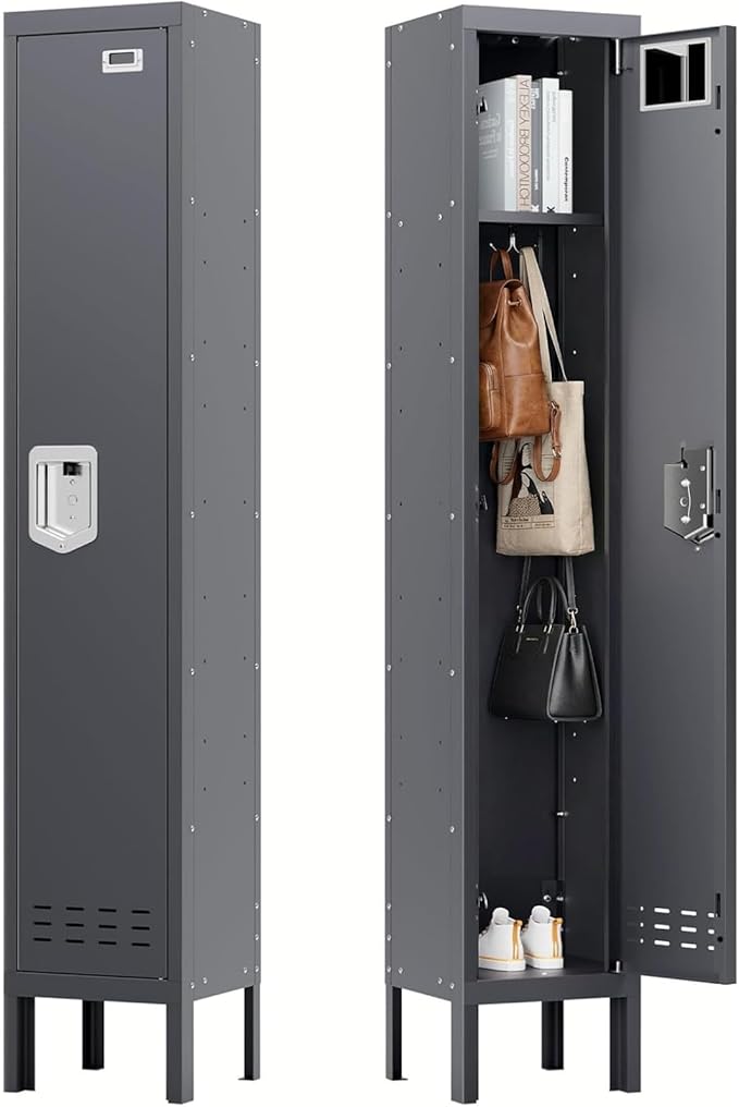 BUTISOW Metal Storage Locker with Lock & Card Slot Locker - Secure Lockable Door - Steel Locker for School, Office, Gym, Home - 66.15" H x 11.8" W x 11.8" D（1 Door, Grey）